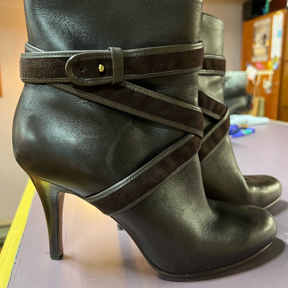 Cole Haan Dark Leather Heeled Boots with Strap